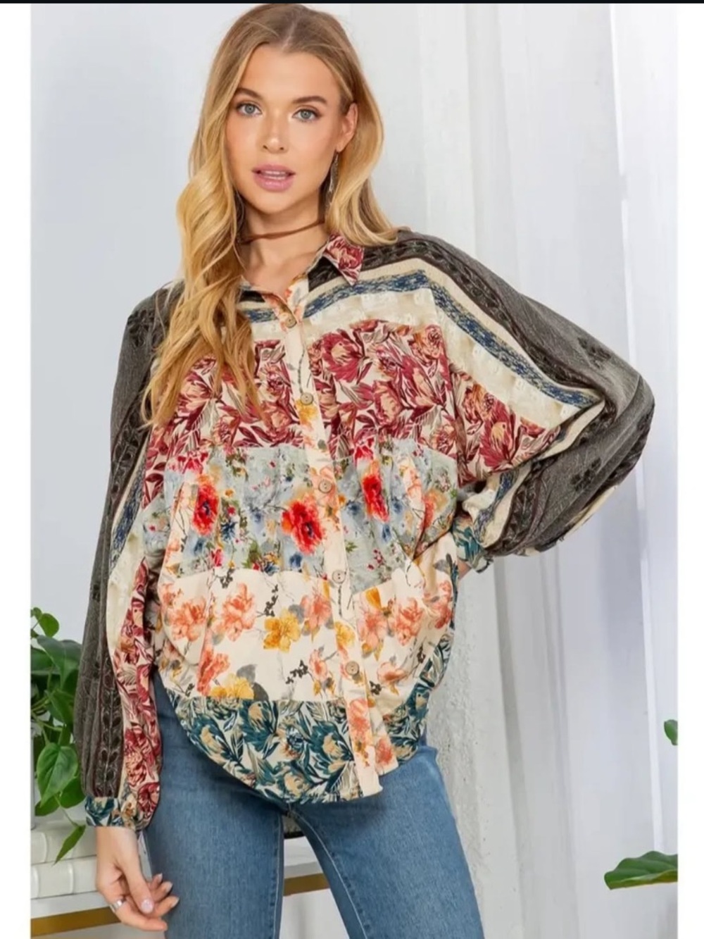 NWOT Young Threads Embroidered Floral Button-Down Boho Blouse
